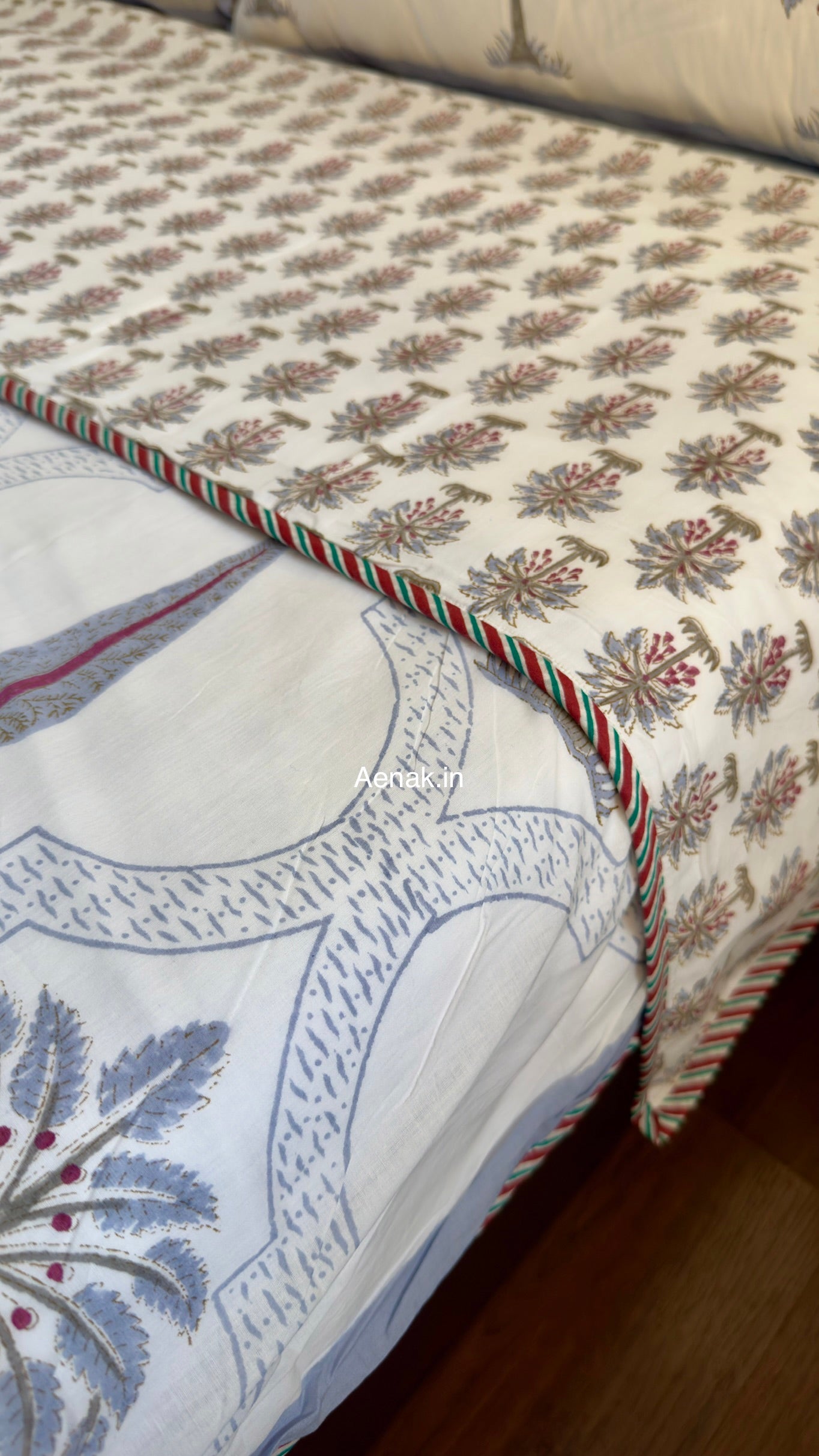 Blue Palm Jaal Handblock Bedsheet + Dohar Combo Set