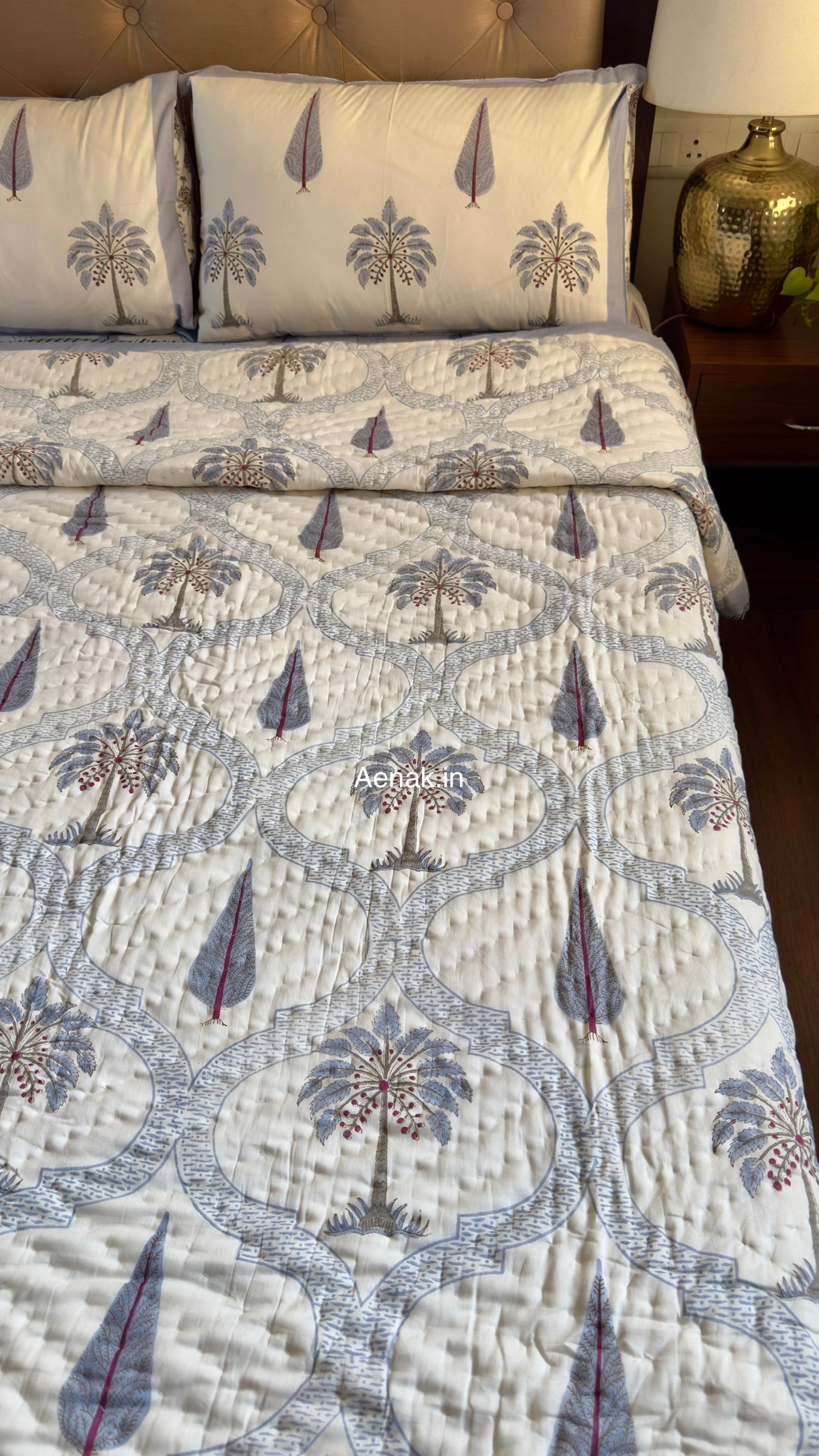 Blue Palm Jaal Handblock Reversible Mulmul Cotton Quilt