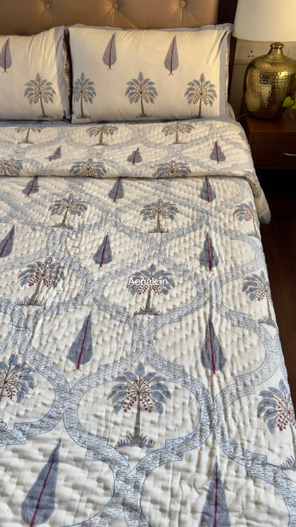 Blue Palm Jaal Handblock Reversible Mulmul Cotton Quilt