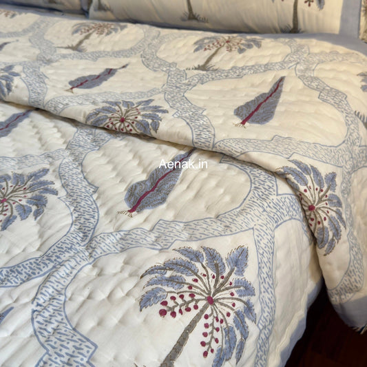 Blue Palm Jaal Handblock Reversible Mulmul Cotton Quilt
