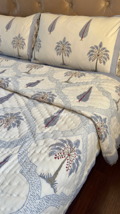 Blue Palm Jaal Handblock Reversible Mulmul Cotton Quilt
