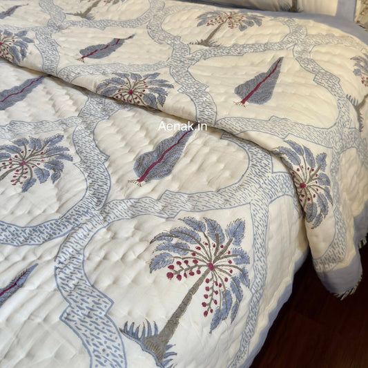 Blue Palm Jaal Handblock Bedsheet + Quilt Combo Set
