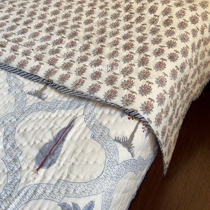 Blue Palm Jaal Handblock Reversible Mulmul Cotton Quilt