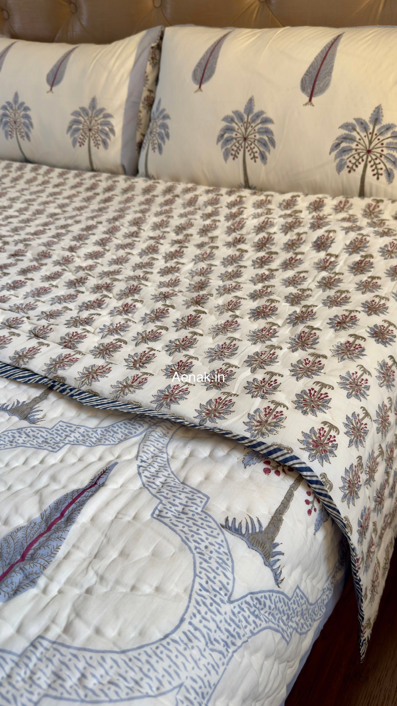 Blue Palm Jaal Handblock Reversible Mulmul Cotton Quilt