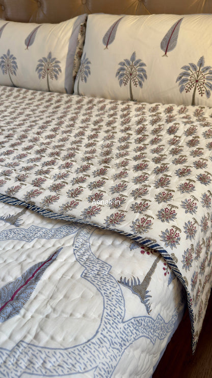 Blue Palm Jaal Handblock Reversible Mulmul Cotton Quilt