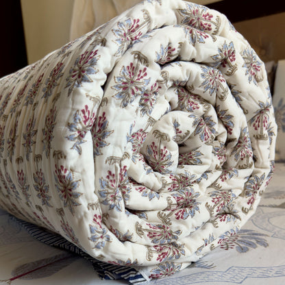 Blue Palm Jaal Handblock Bedsheet + Quilt Combo Set
