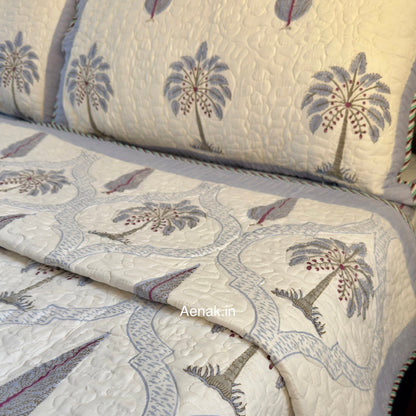 Blue Palm Jaal Handblock Reversible Quilted Bedcover Set