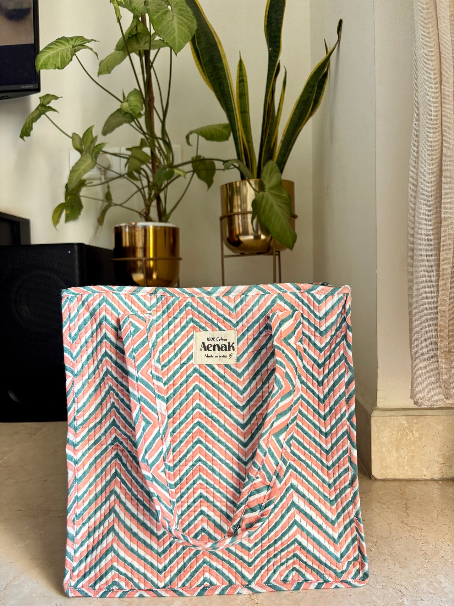 Pink & Blue Zigzag Handblock Lunch Bag