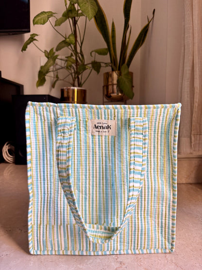 Light Green & Light Blue Striped Handblock Lunch Bag