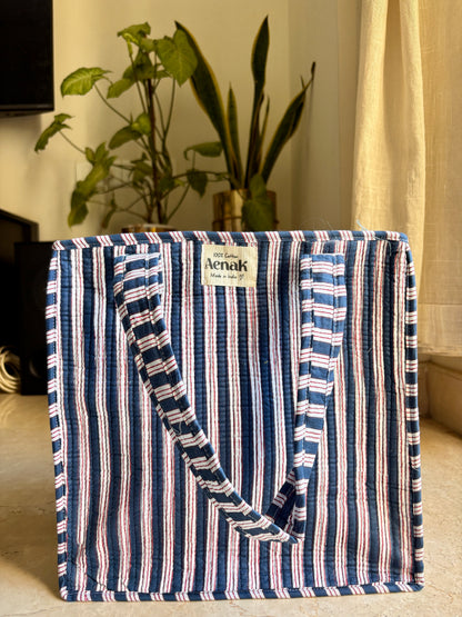 Navy Blue Striped Handblock Lunch Bag
