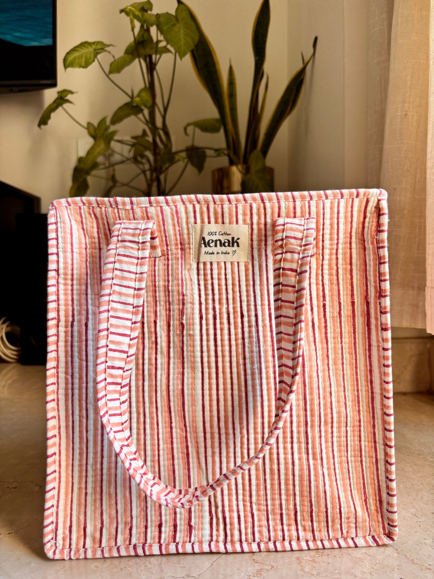 Pink & Brown Striped Handblock Lunch Bag