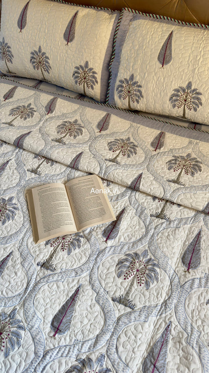 Blue Palm Jaal Handblock Reversible Quilted Bedcover Set