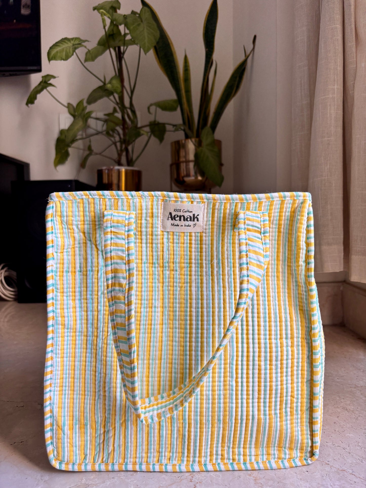 Yellow & Sky Blue Striped Handblock Lunch Bag