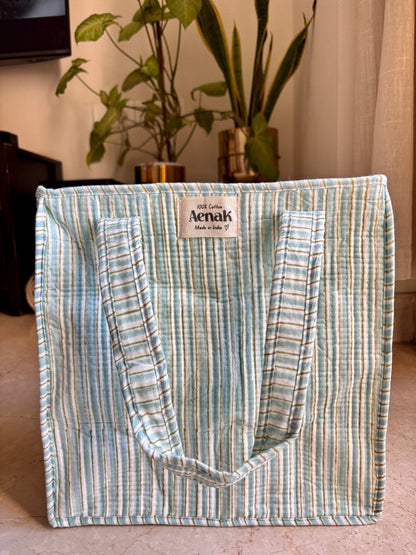 Sky Blue Striped Handblock Lunch Bag