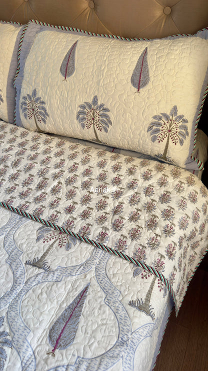 Blue Palm Jaal Handblock Reversible Quilted Bedcover Set