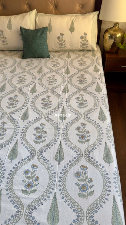 Blue Periwinkle Jaal Handblock Bedsheet + Dohar Combo Set