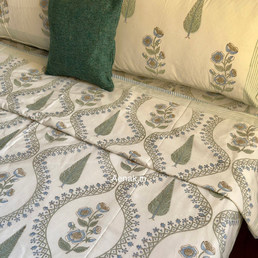 Blue Periwinkle Jaal Handblock Bedsheet + Dohar Combo Set
