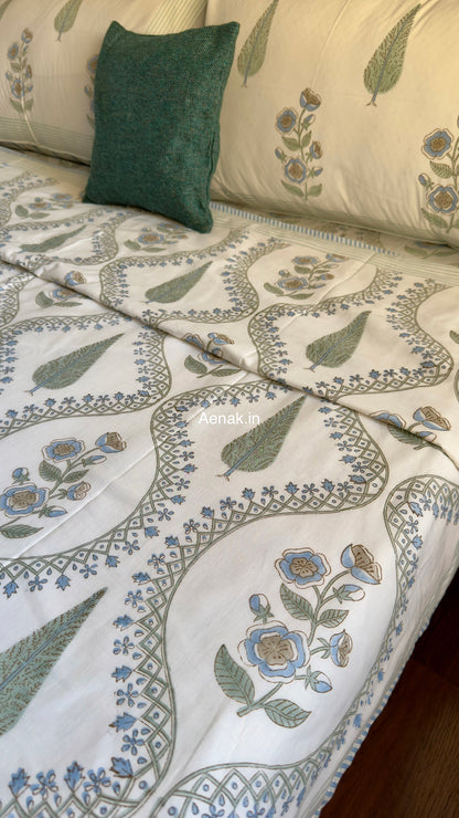 Blue Periwinkle Jaal Handblock Bedsheet + Dohar Combo Set