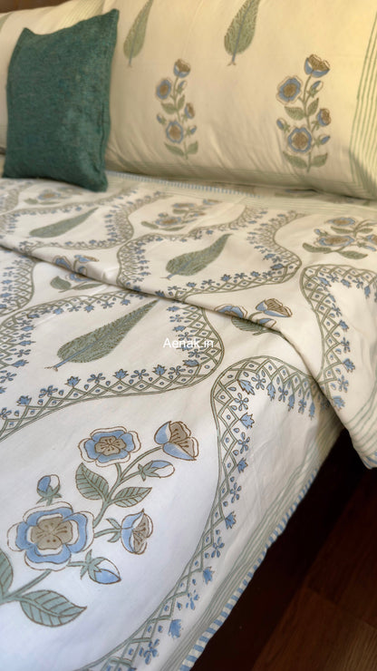 Blue Periwinkle Jaal Handblock Bedsheet + Dohar Combo Set