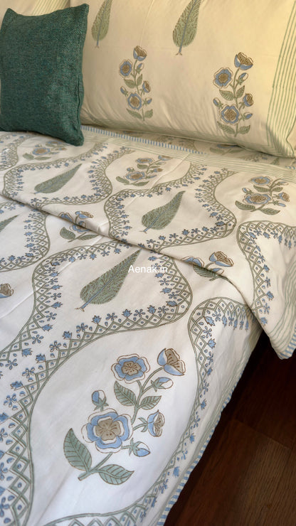 Blue Periwinkle Jaal Handblock Bedsheet + Dohar Combo Set