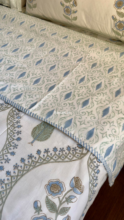 Blue Periwinkle Jaal Handblock Bedsheet + Dohar Combo Set