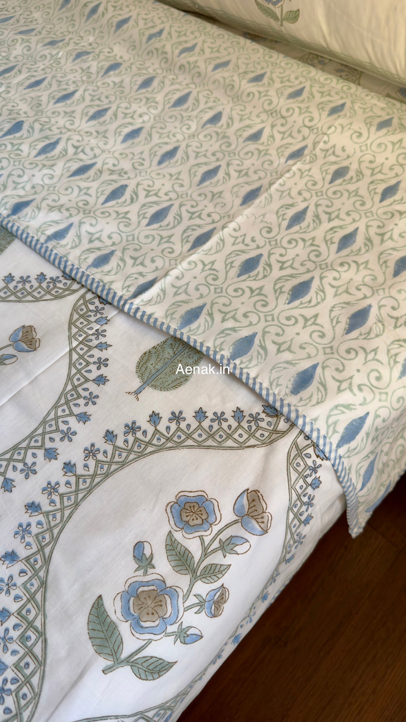 Blue Periwinkle Jaal Handblock Bedsheet + Dohar Combo Set