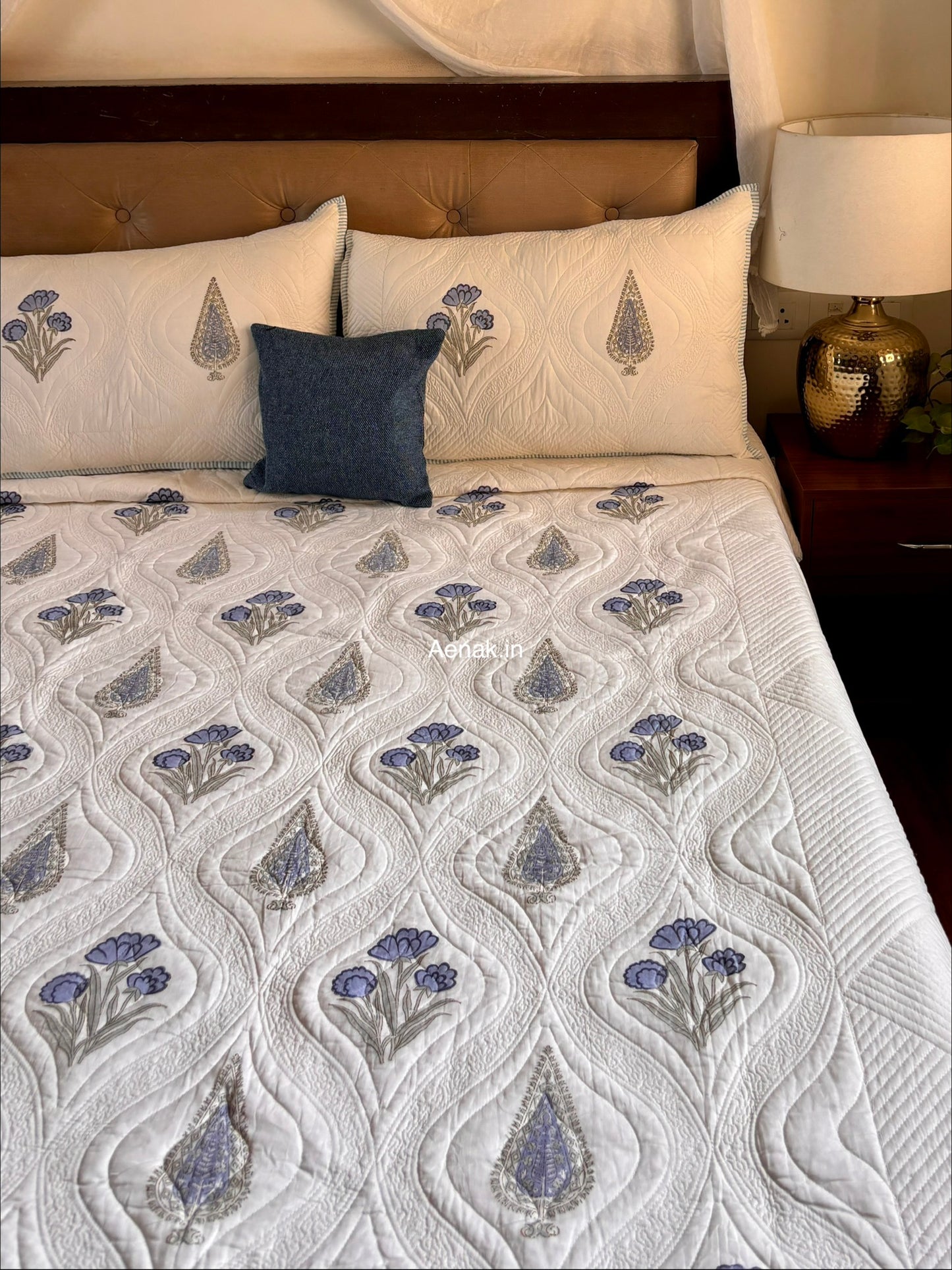 Blue Dahlia Cypress Embossed Quilted Handblock Bedcover Set