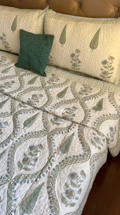 Blue Periwinkle Jaal Handblock Reversible Quilted Bedcover Set
