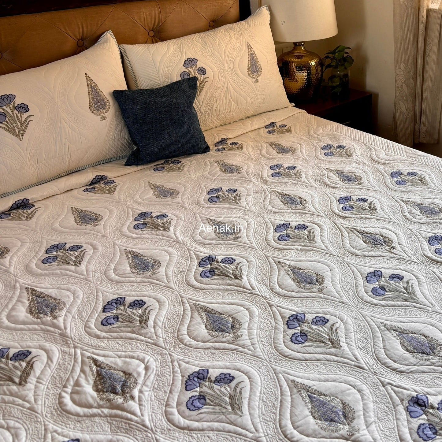 Blue Dahlia Cypress Embossed Quilted Handblock Bedcover Set
