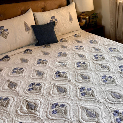 Blue Dahlia Cypress Embossed Quilted Handblock Bedcover Set