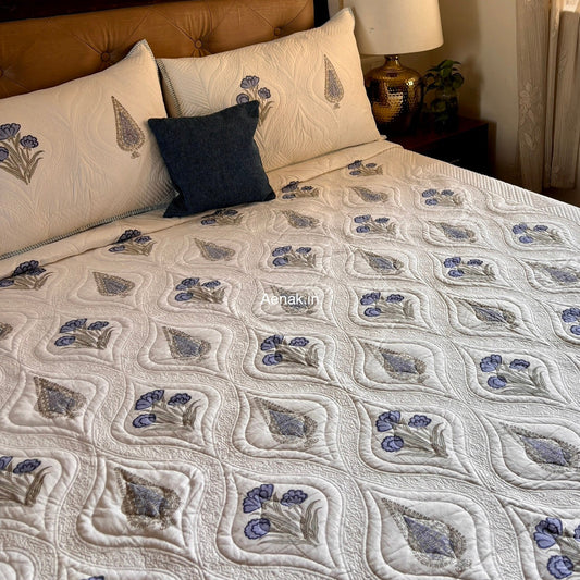 Blue Dahlia Cypress Embossed Quilted Handblock Bedcover Set