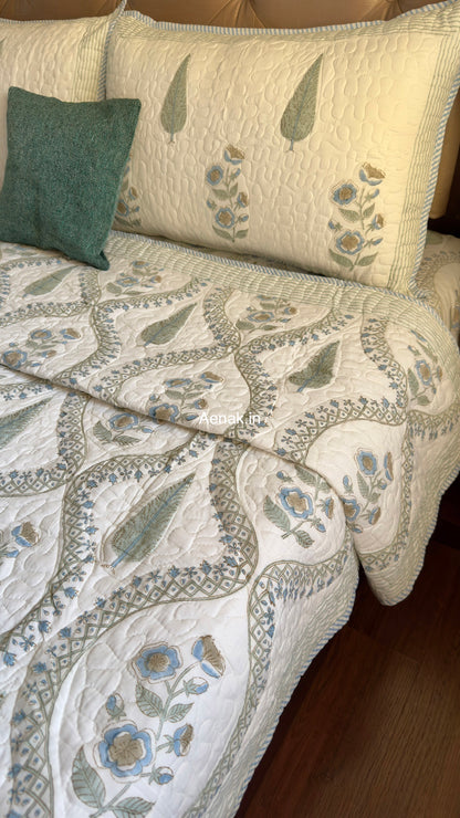 Blue Periwinkle Jaal Handblock Reversible Quilted Bedcover Set