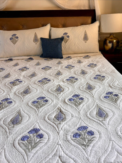 Blue Dahlia Cypress Embossed Quilted Handblock Bedcover Set