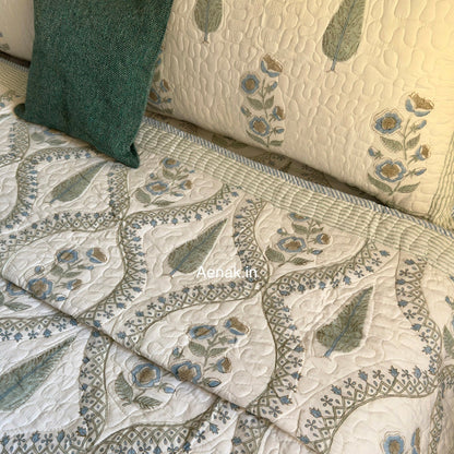 Blue Periwinkle Jaal Handblock Reversible Quilted Bedcover Set