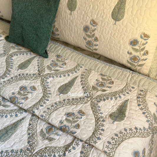 Blue Periwinkle Jaal Handblock Reversible Quilted Bedcover Set