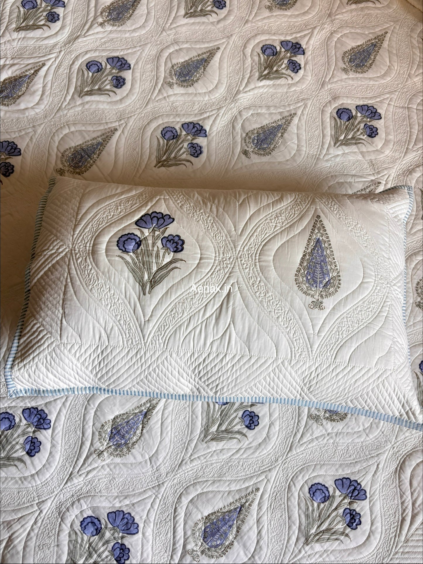 Blue Dahlia Cypress Embossed Quilted Handblock Bedcover Set