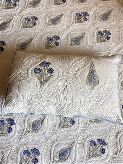 Blue Dahlia Cypress Embossed Quilted Handblock Bedcover Set