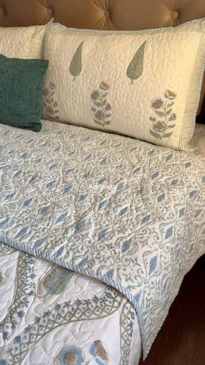 Blue Periwinkle Jaal Handblock Reversible Quilted Bedcover Set