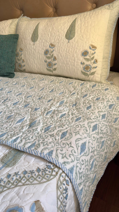 Blue Periwinkle Jaal Handblock Reversible Quilted Bedcover Set