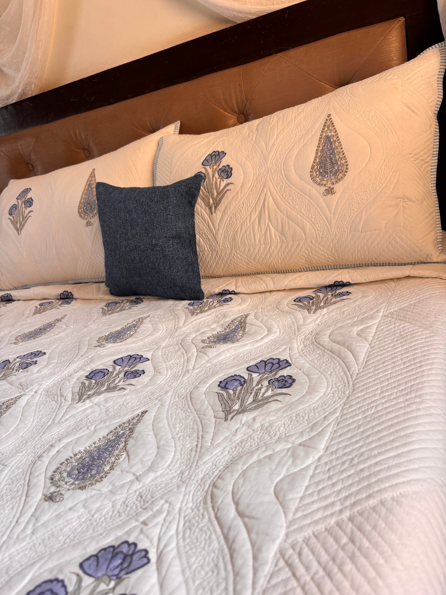 Blue Dahlia Cypress Embossed Quilted Handblock Bedcover Set