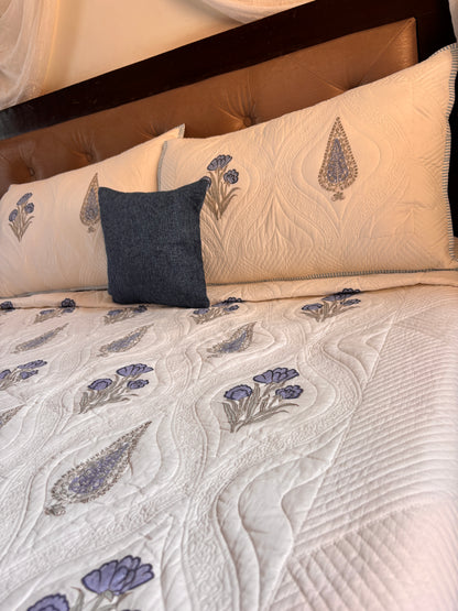 Blue Dahlia Cypress Embossed Quilted Handblock Bedcover Set
