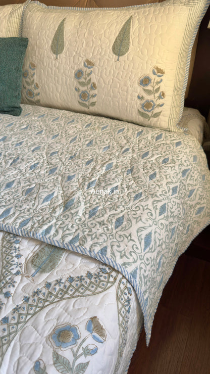 Blue Periwinkle Jaal Handblock Reversible Quilted Bedcover Set