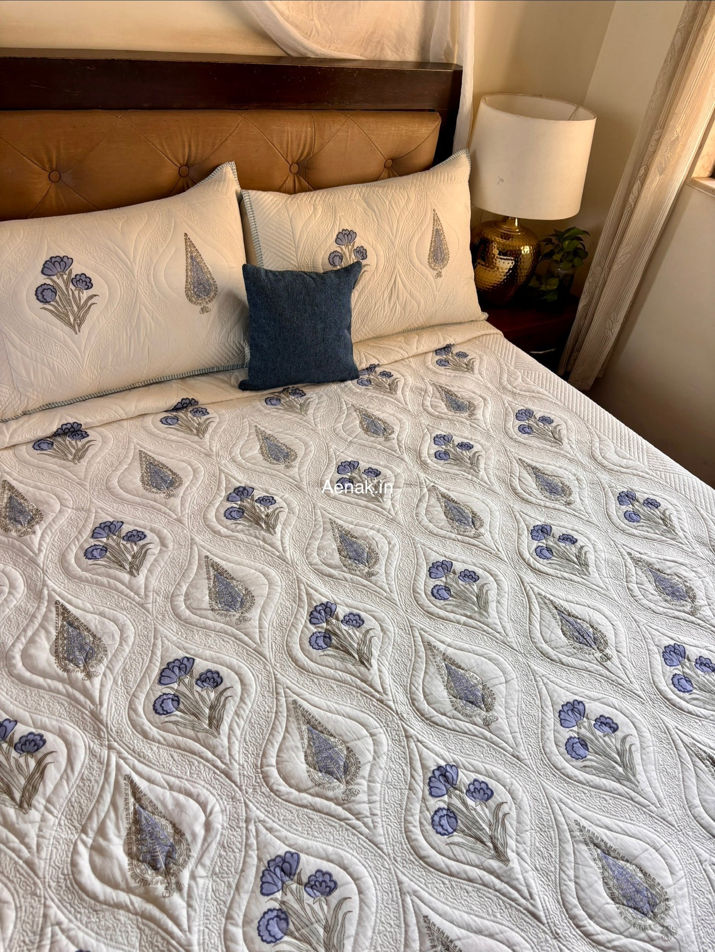 Blue Dahlia Cypress Embossed Quilted Handblock Bedcover Set