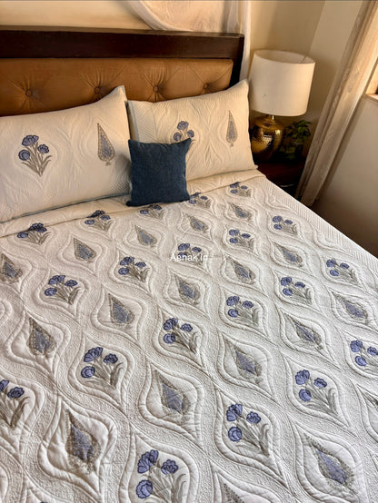 Blue Dahlia Cypress Embossed Quilted Handblock Bedcover Set