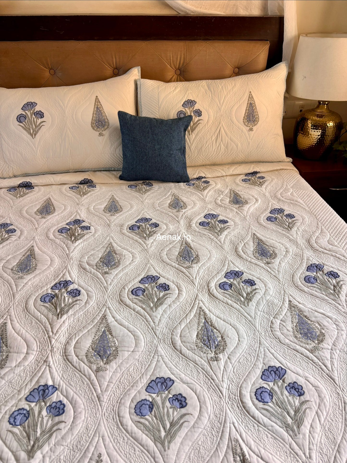 Blue Dahlia Cypress Embossed Quilted Handblock Bedcover Set