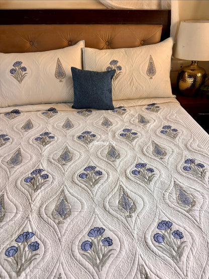 Blue Dahlia Cypress Embossed Quilted Handblock Bedcover Set