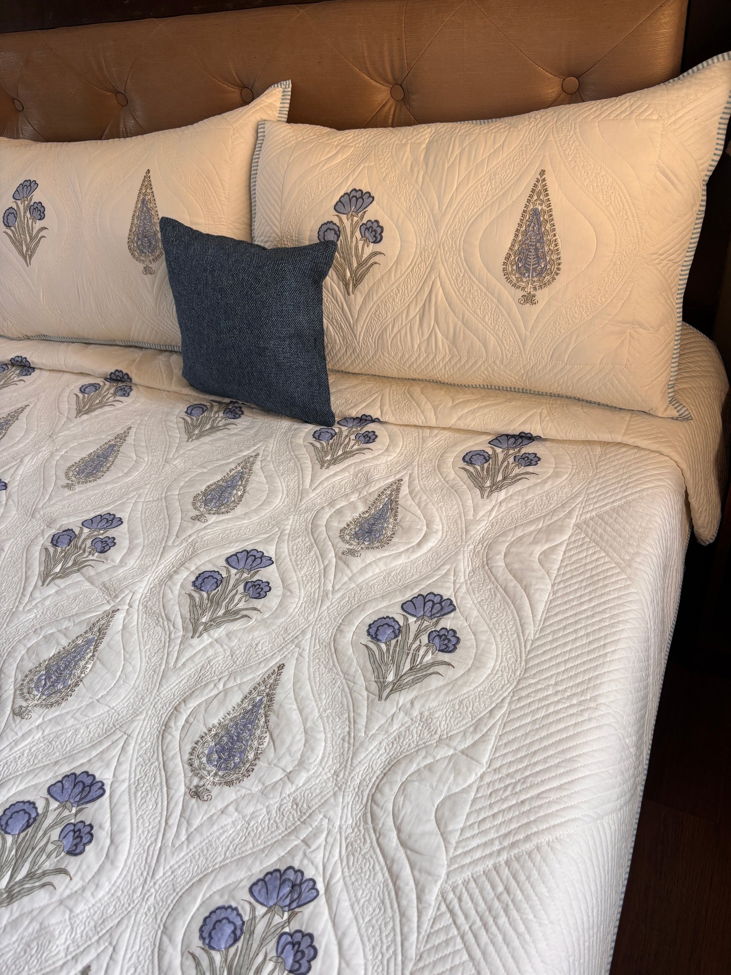 Blue Dahlia Cypress Embossed Quilted Handblock Bedcover Set