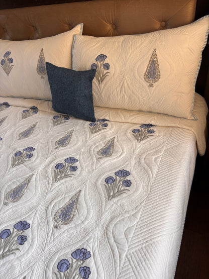 Blue Dahlia Cypress Embossed Quilted Handblock Bedcover Set
