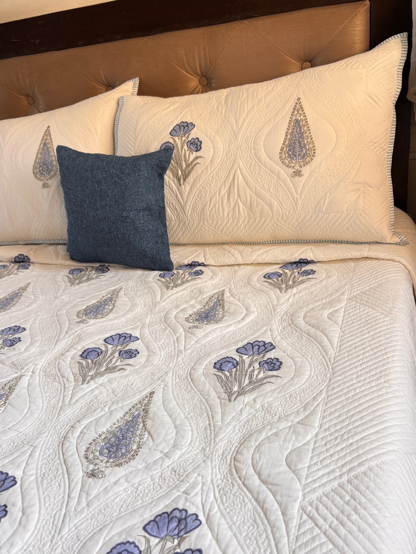 Blue Dahlia Cypress Embossed Quilted Handblock Bedcover Set