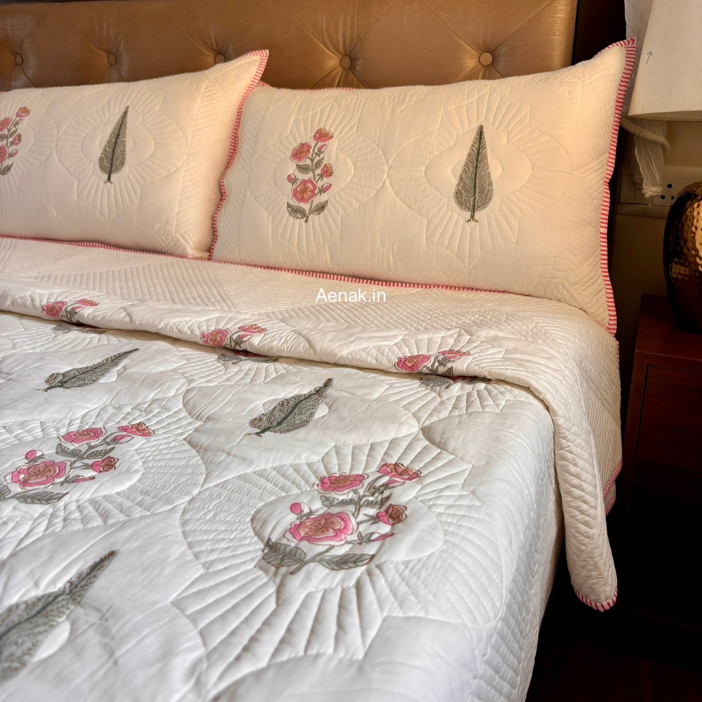 Pink Periwinkle Cypress Embossed Quilted Handblock Bedcover Set